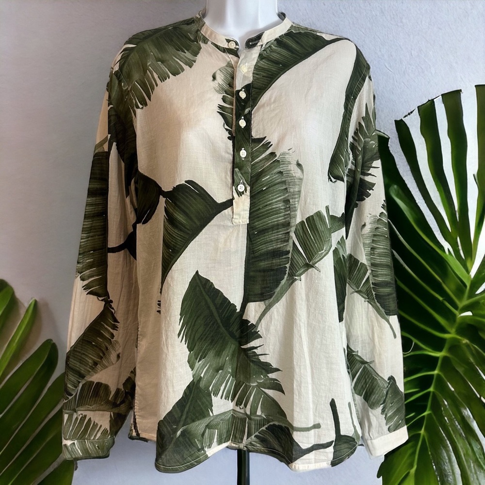 Zara Thin Cotton Long Sleeve Half Button Jungle Leaf Palm Blouse